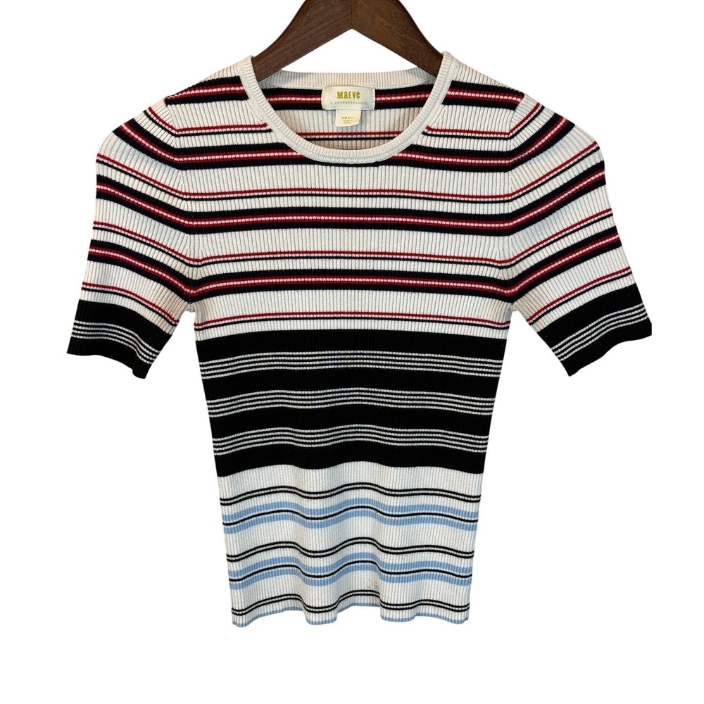 Maeve Anthropologie‎ Short Sleeve Knit Striped Stretchy Crew Neck Sweater Small